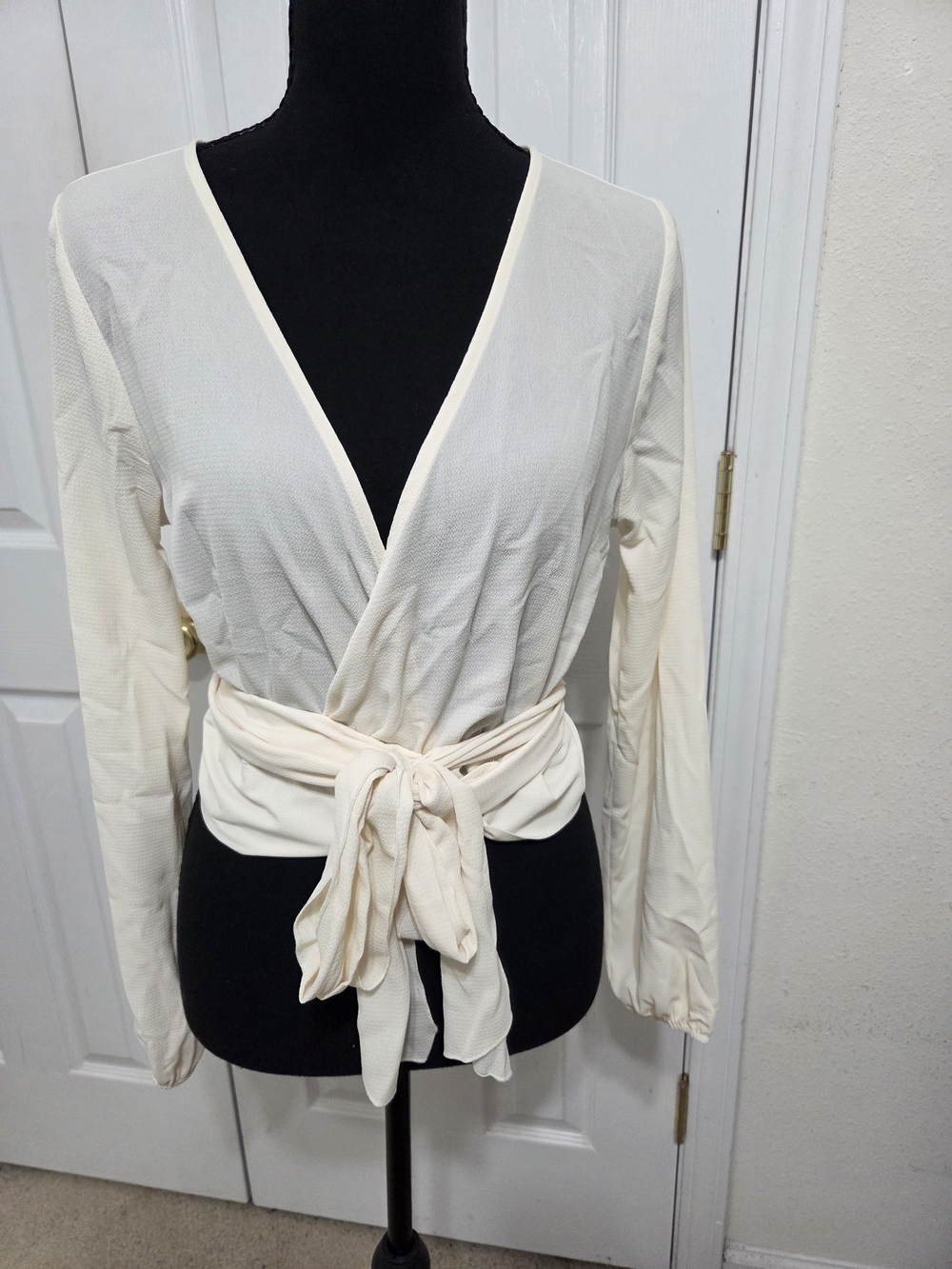 Fashion Nova Cream Wrap Tie-Front Blouse